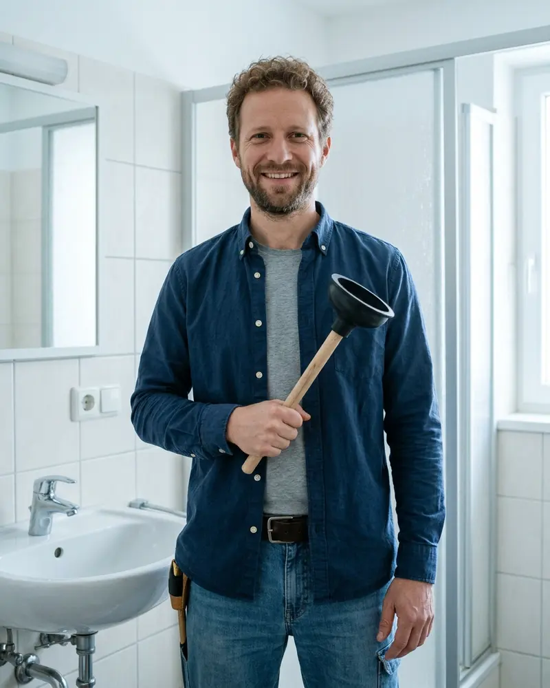 Techniker mit Saugglocke lächelt in einem hellen Badezimmer