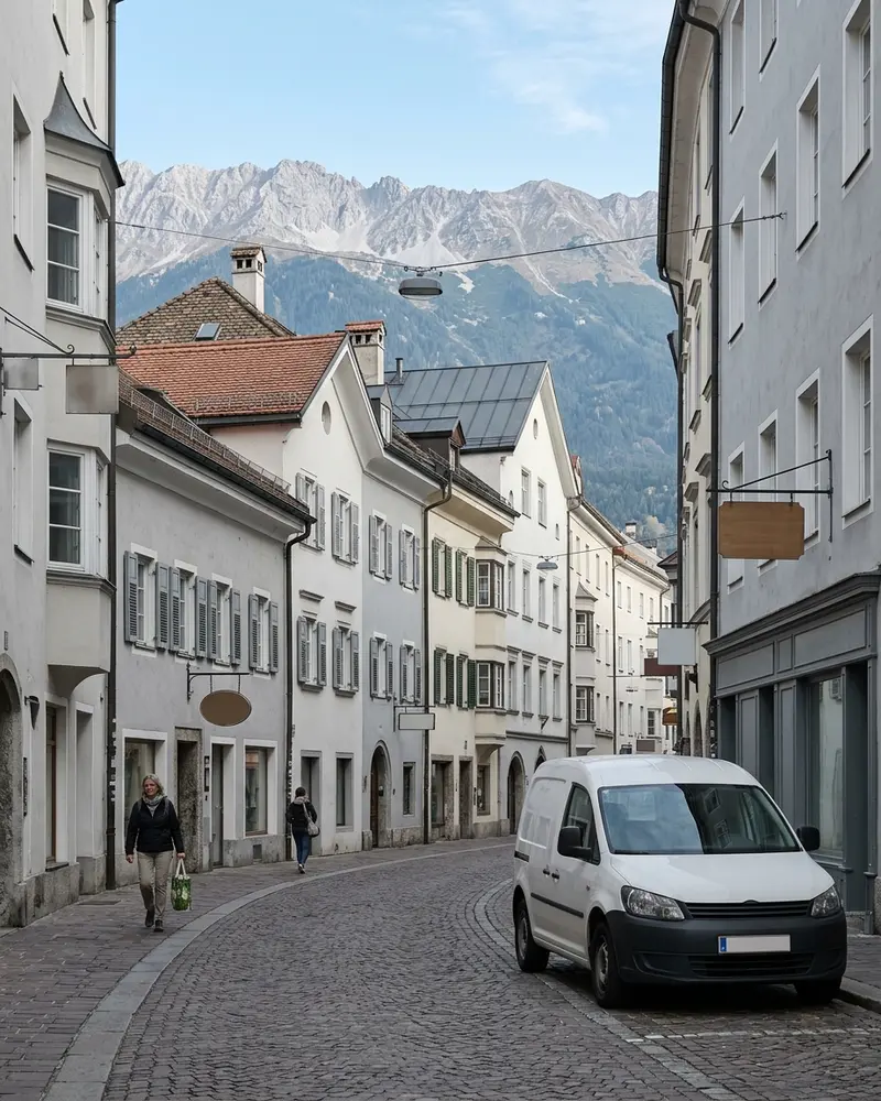 Dächer der Innsbrucker Altstadt mit der Nordkette im Hintergrund und einem Servicefahrzeug am Straßenrand