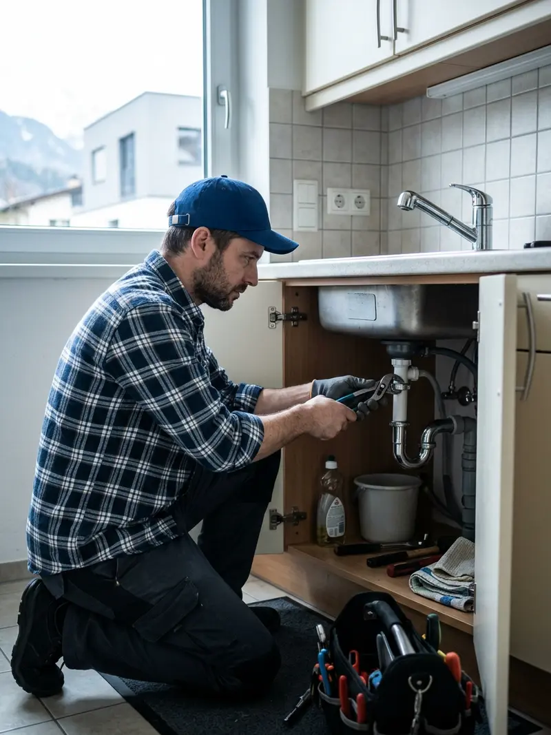 Techniker in blauer Kappe arbeitet mit der Zange an den Rohren unter einem geöffneten Waschtischunterschrank
