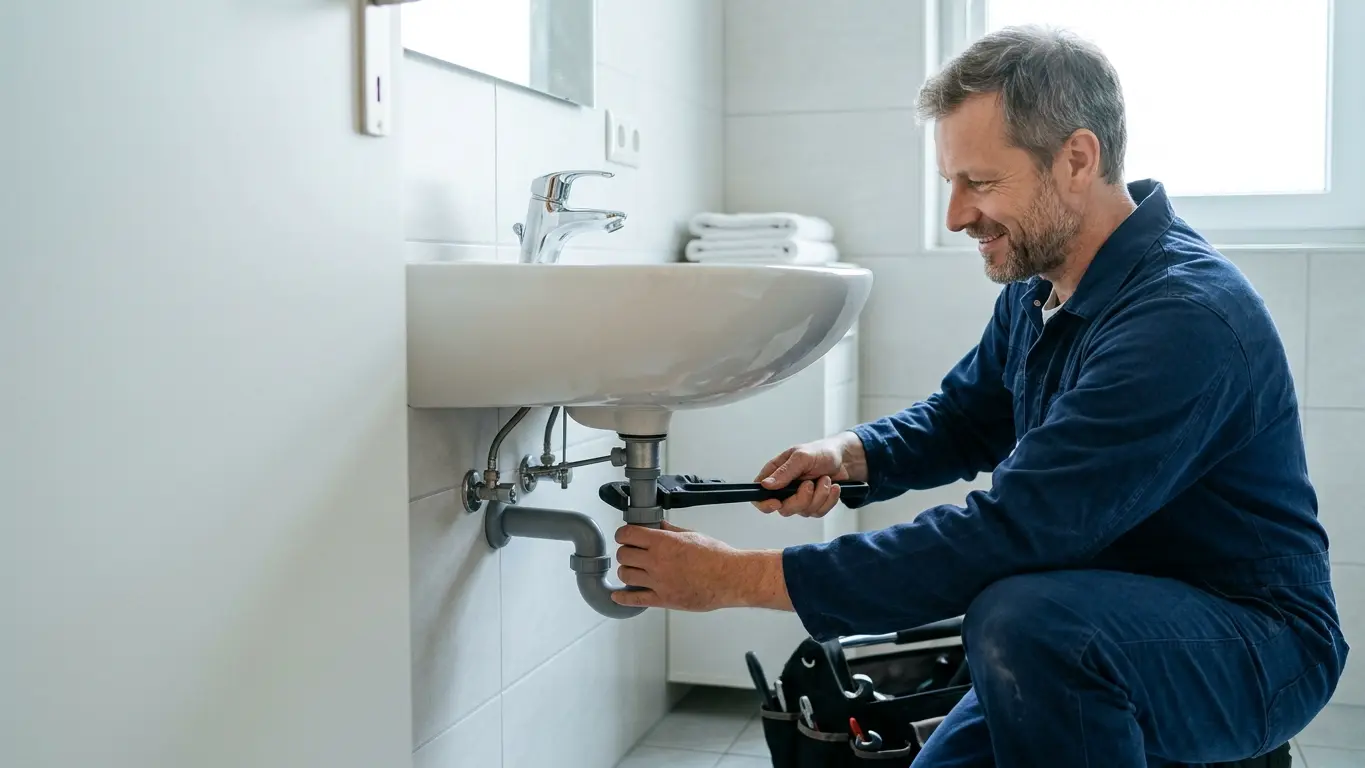 Techniker in dunkelblauer Arbeitskleidung öffnet den Siphon unter einem Waschbecken im hellen Bad