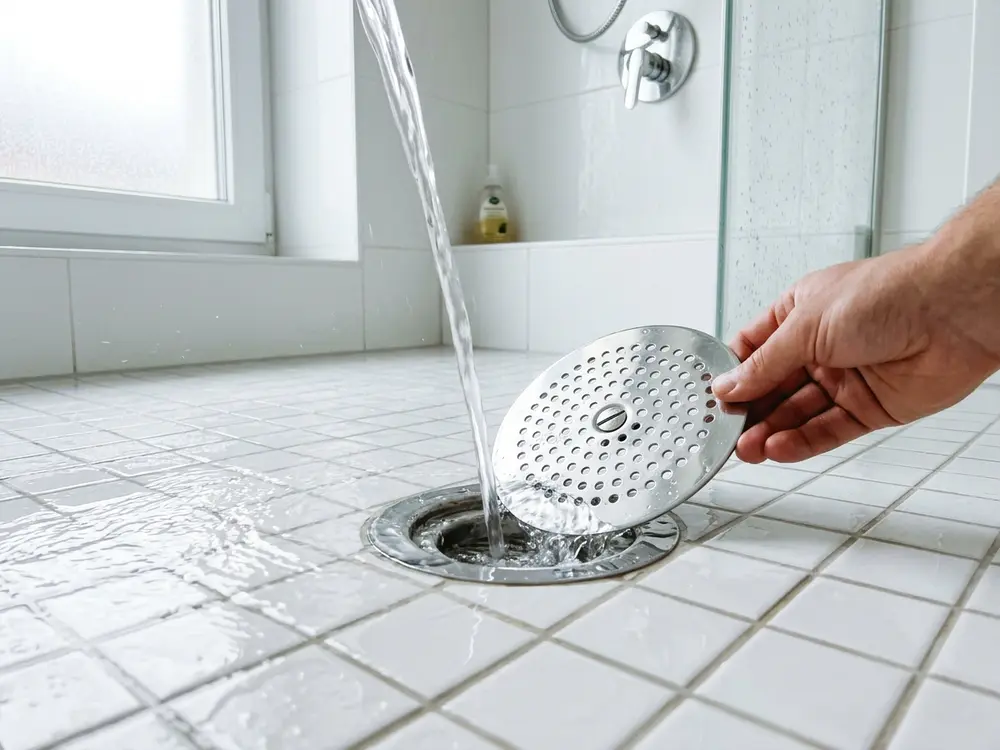 Sauberer Duschablauf mit Edelstahlabdeckung, Wasser läuft ab