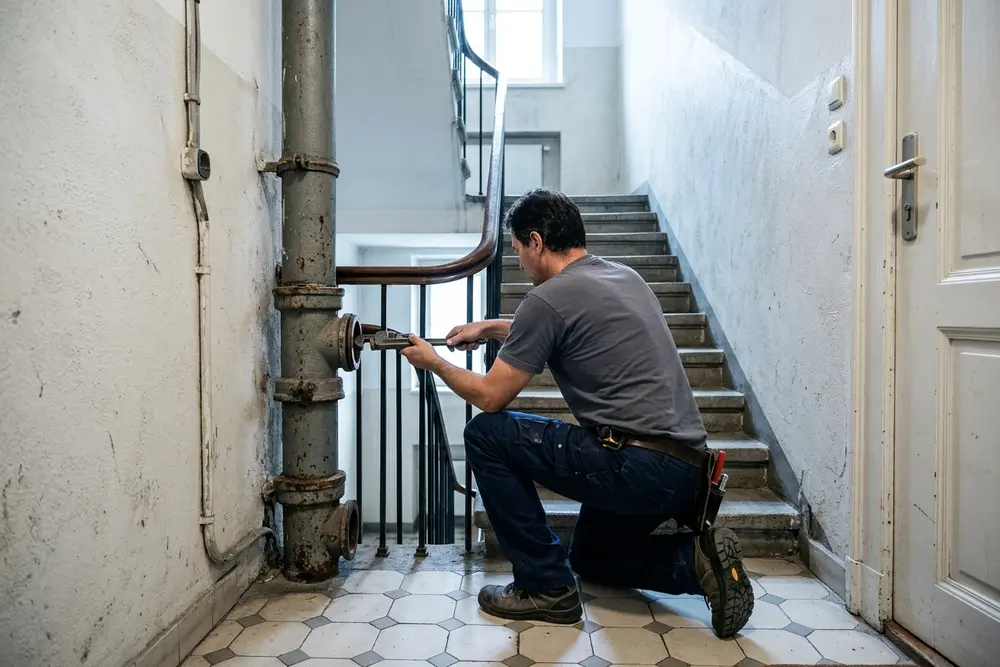Altbau-Stiegenhaus mit gusseisernem Abflussrohr, Techniker prüft eine Muffe