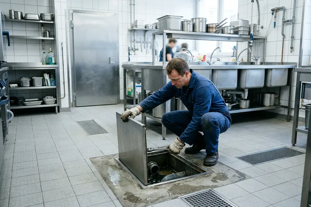 Techniker im blauen Overall am geöffneten Fettabscheider einer Gewerbeküche