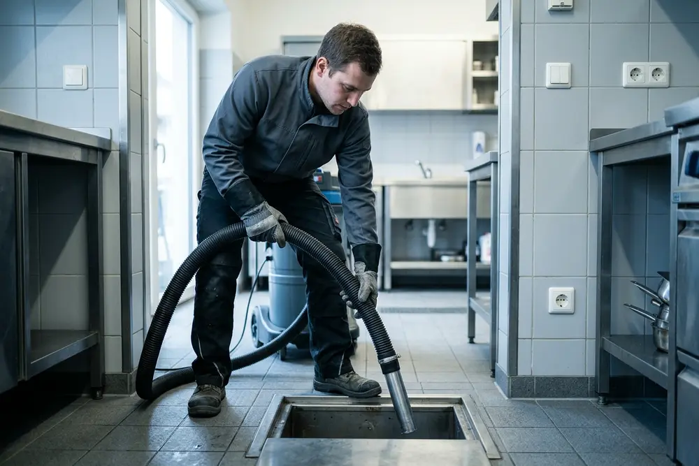 Techniker saugt mit Schlauch einen Fettabscheider im Hinterraum einer Gaststätte ab