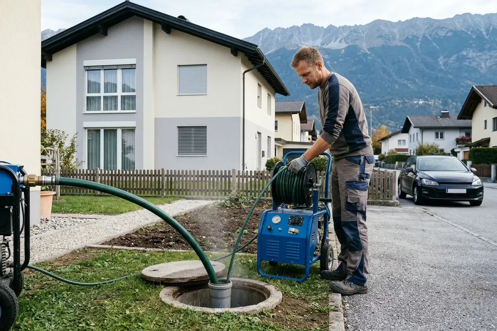 Hochdruckschlauch in einem geöffneten Kanalschacht im Vorgarten eines Einfamilienhauses