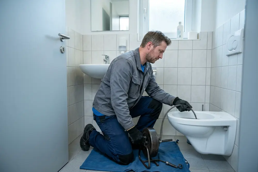 Installateur führt eine Abflussspirale in ein WC in einem kleinen weißen Bad ein
