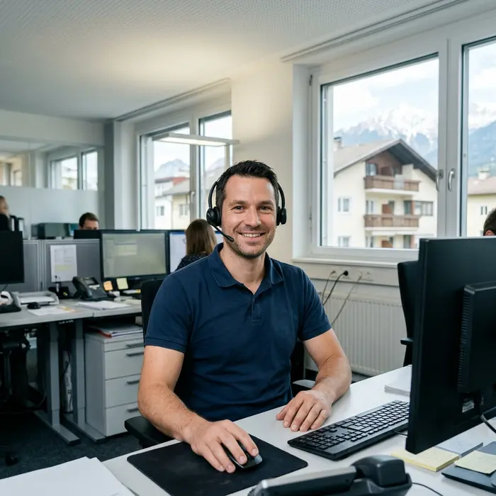 Lukas, Disponent bei Inn Rohrreinigung 24, mit Headset im Büro