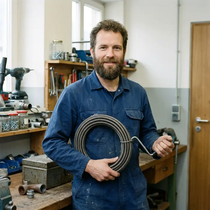 Andreas, Techniker für Rohr- und Kanalreinigung, mit aufgerollter Spirale