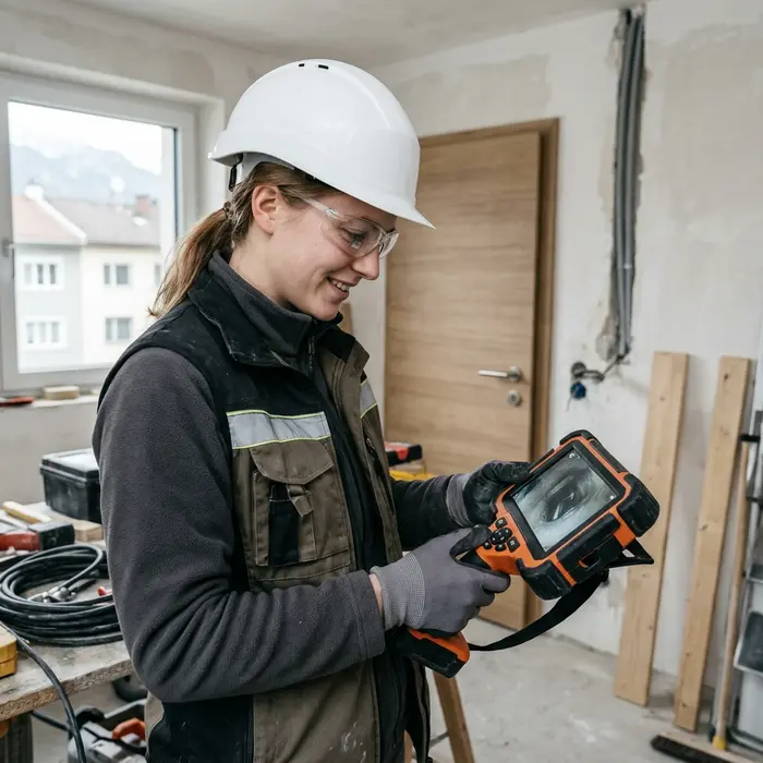 Julia, Technikerin für Kamerainspektion, mit Kameramonitor in der Hand