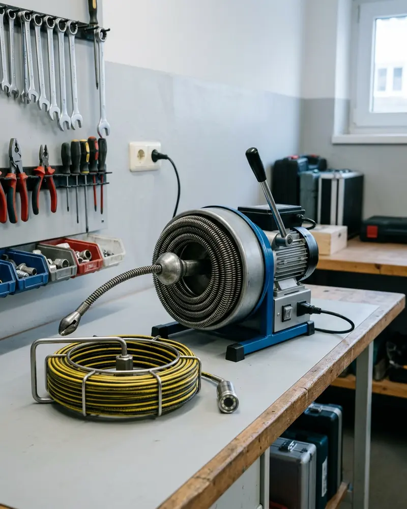Kompakte Rohrreinigungsmaschine mit aufgewickelter Spirale und Kamerahaspel auf der Werkbank