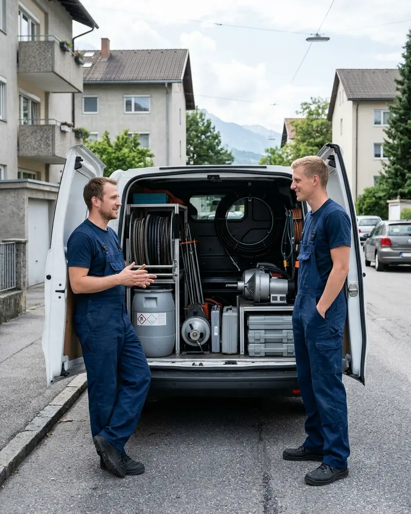 Zwei Techniker in dunkelblauen Overalls am geöffneten Servicewagen mit Rohrreinigungsgeräten