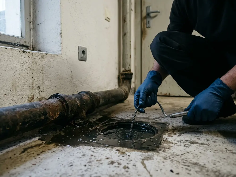 Bodenablauf im Keller mit zurückstauendem dunklem Wasser an einem Gussrohr