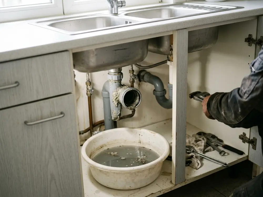 Geöffneter Küchenabfluss mit grauem Fettbelag und stehendem Schmutzwasser