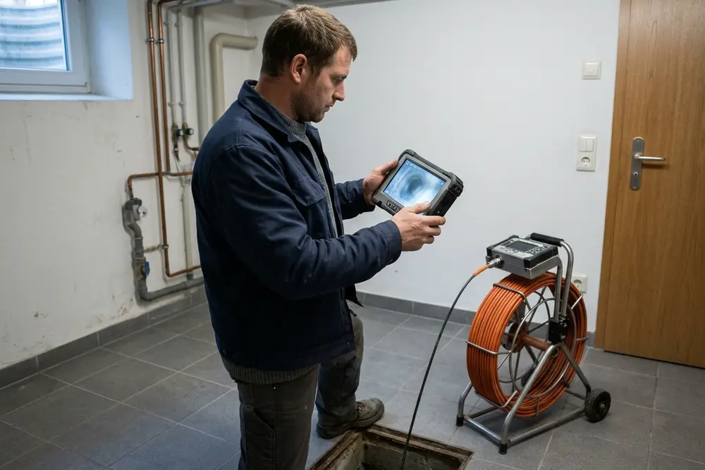 Techniker mit Handmonitor zeigt das Bild einer Rohrkamera im gefliesten Keller